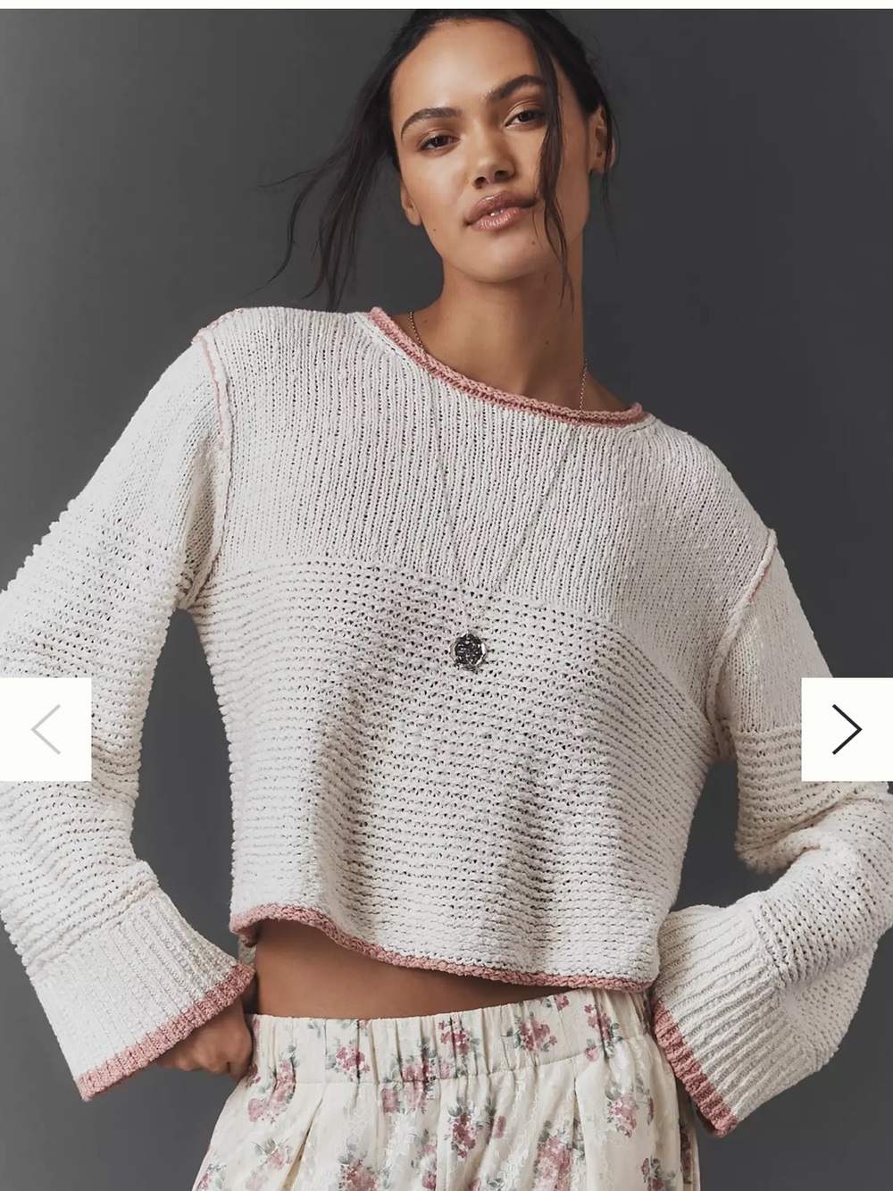 Pilcro Cream Cropped Boatneck Sweater with Pink Trim